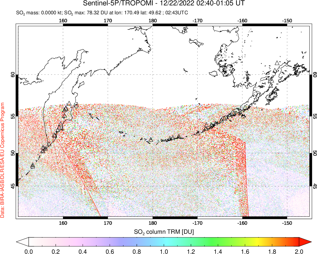A sulfur dioxide image over North Pacific on Dec 22, 2022.