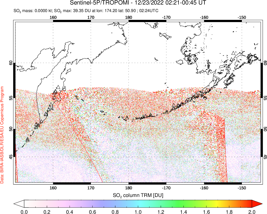 A sulfur dioxide image over North Pacific on Dec 23, 2022.