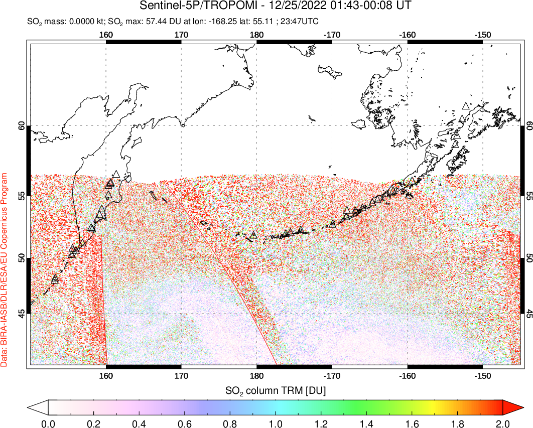 A sulfur dioxide image over North Pacific on Dec 25, 2022.
