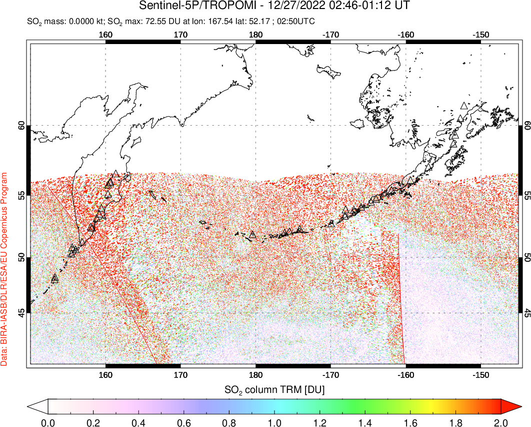 A sulfur dioxide image over North Pacific on Dec 27, 2022.