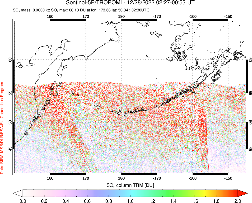 A sulfur dioxide image over North Pacific on Dec 28, 2022.