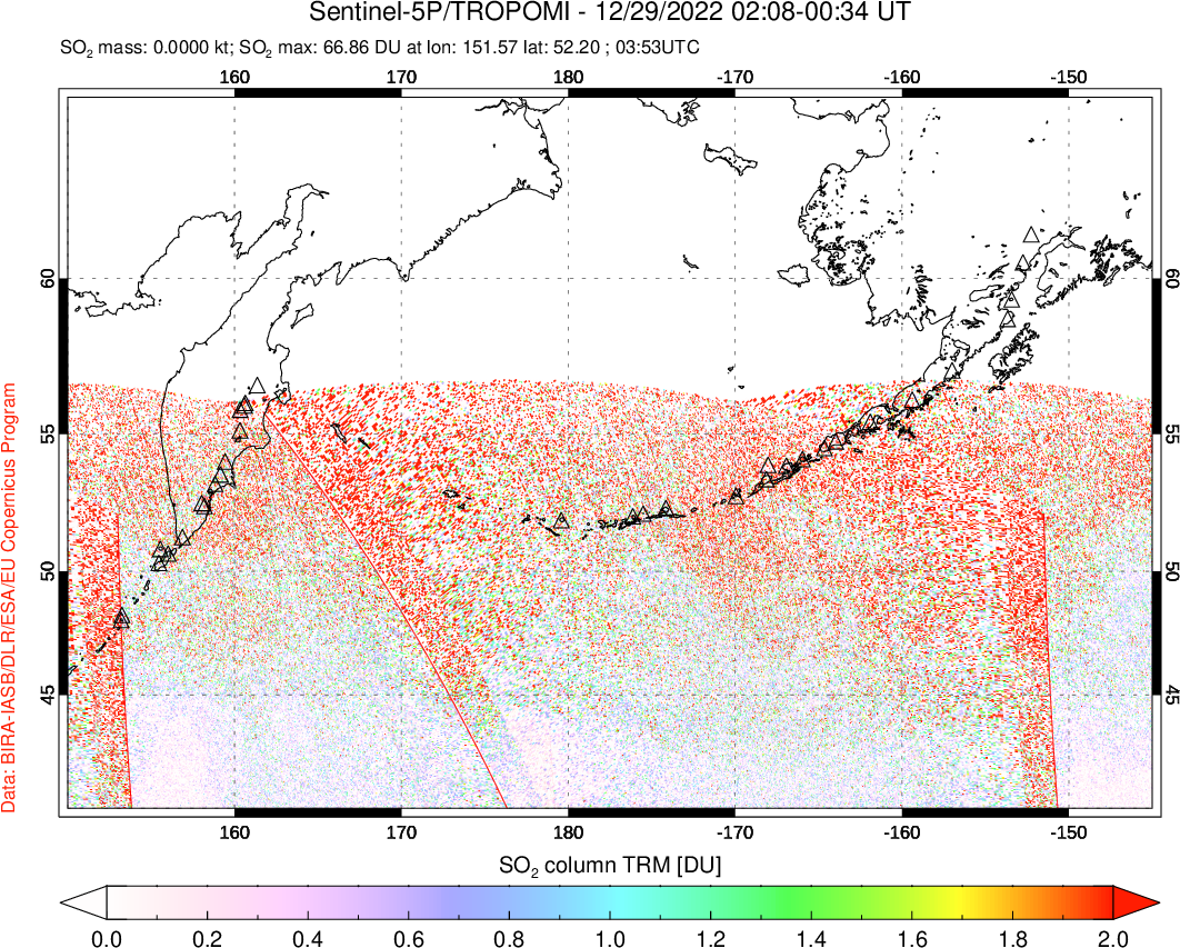 A sulfur dioxide image over North Pacific on Dec 29, 2022.