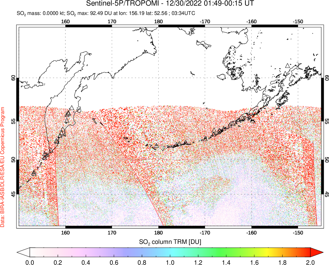 A sulfur dioxide image over North Pacific on Dec 30, 2022.