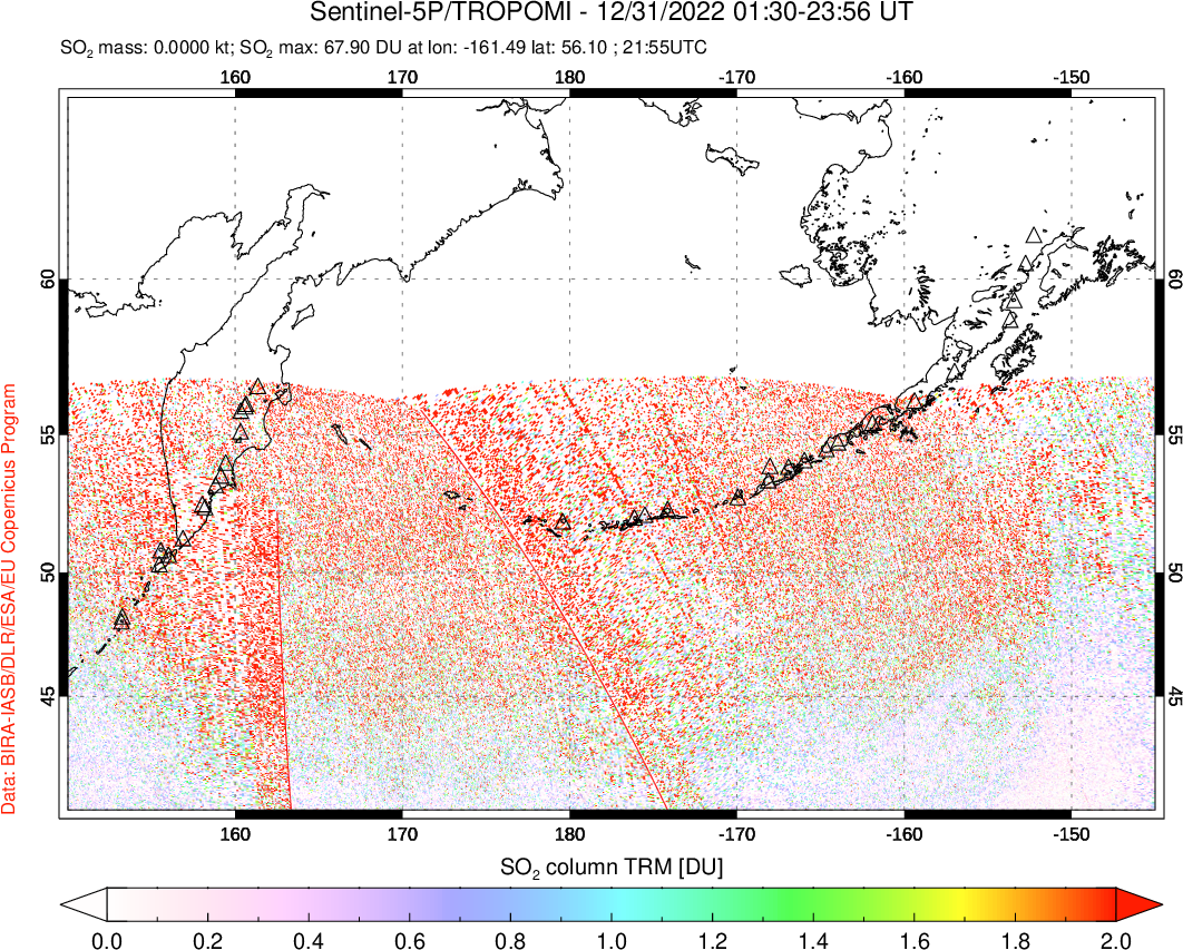 A sulfur dioxide image over North Pacific on Dec 31, 2022.