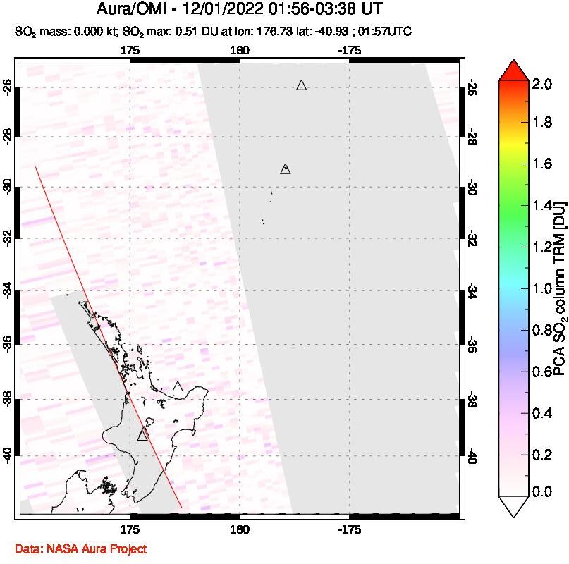 A sulfur dioxide image over New Zealand on Dec 01, 2022.