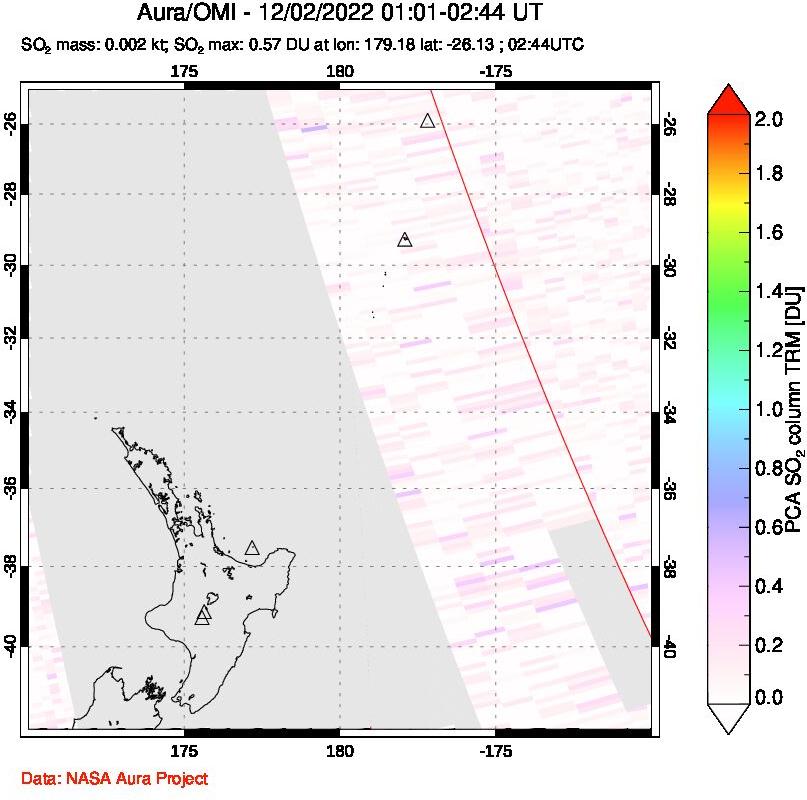 A sulfur dioxide image over New Zealand on Dec 02, 2022.
