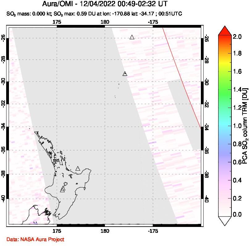 A sulfur dioxide image over New Zealand on Dec 04, 2022.
