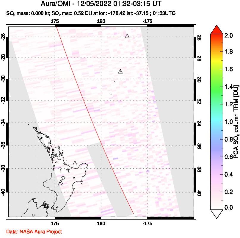 A sulfur dioxide image over New Zealand on Dec 05, 2022.