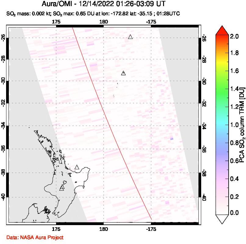A sulfur dioxide image over New Zealand on Dec 14, 2022.