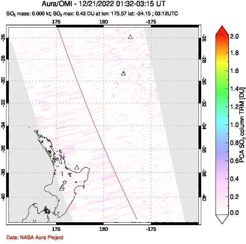 A sulfur dioxide image over New Zealand on Dec 21, 2022.