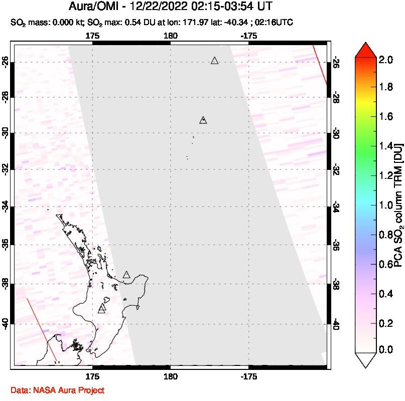A sulfur dioxide image over New Zealand on Dec 22, 2022.
