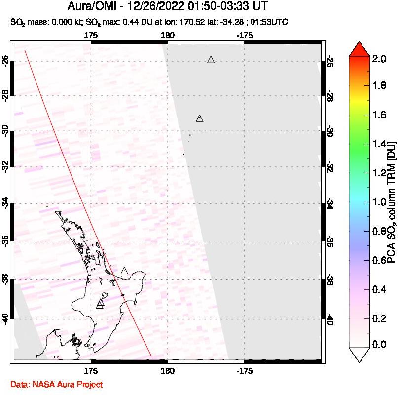 A sulfur dioxide image over New Zealand on Dec 26, 2022.