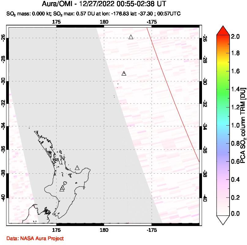 A sulfur dioxide image over New Zealand on Dec 27, 2022.
