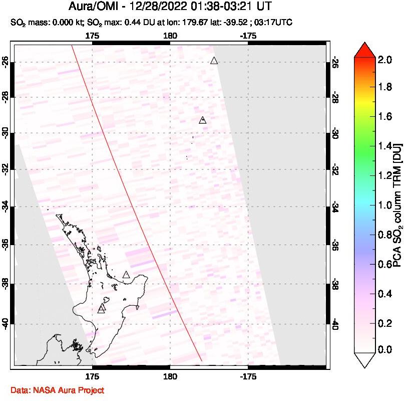 A sulfur dioxide image over New Zealand on Dec 28, 2022.