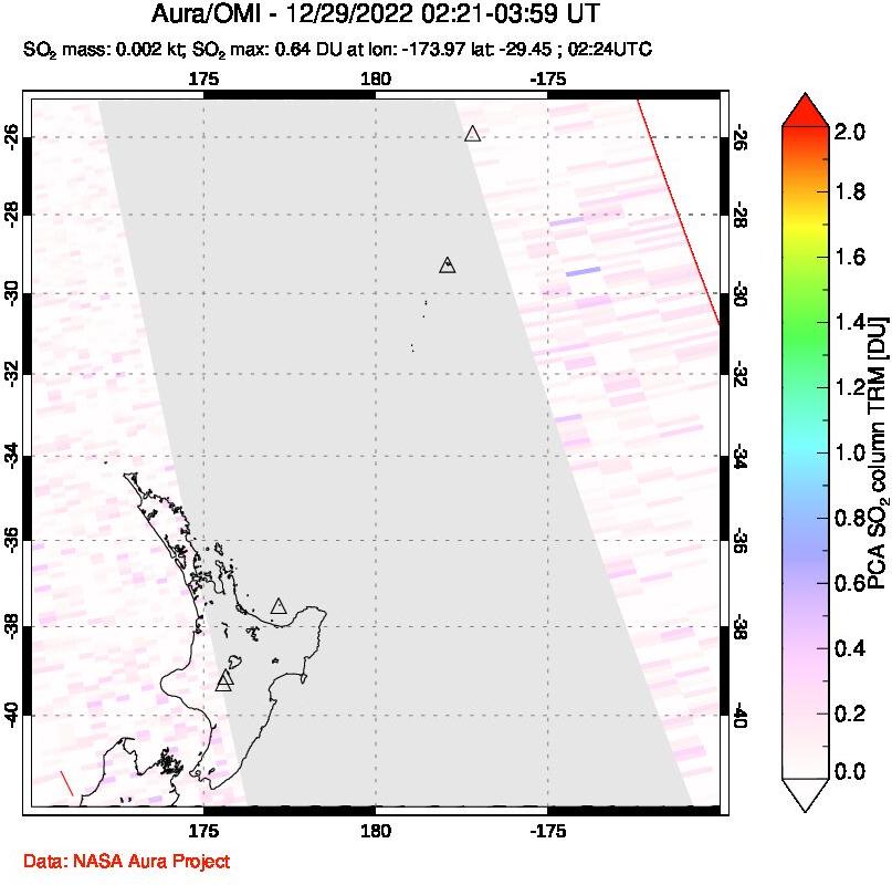 A sulfur dioxide image over New Zealand on Dec 29, 2022.
