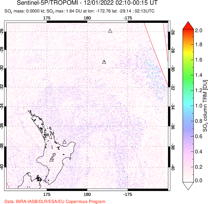 A sulfur dioxide image over New Zealand on Dec 01, 2022.