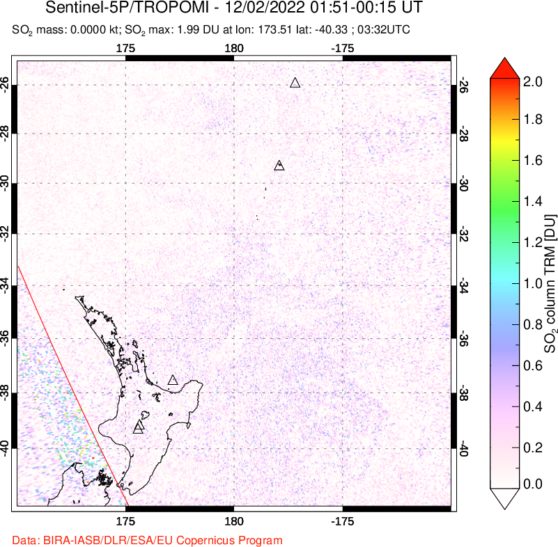 A sulfur dioxide image over New Zealand on Dec 02, 2022.