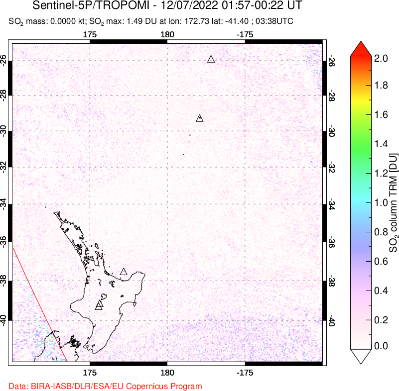 A sulfur dioxide image over New Zealand on Dec 07, 2022.