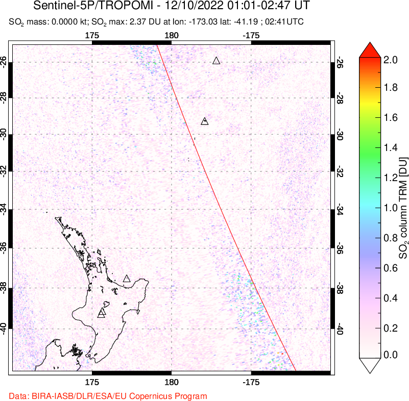 A sulfur dioxide image over New Zealand on Dec 10, 2022.