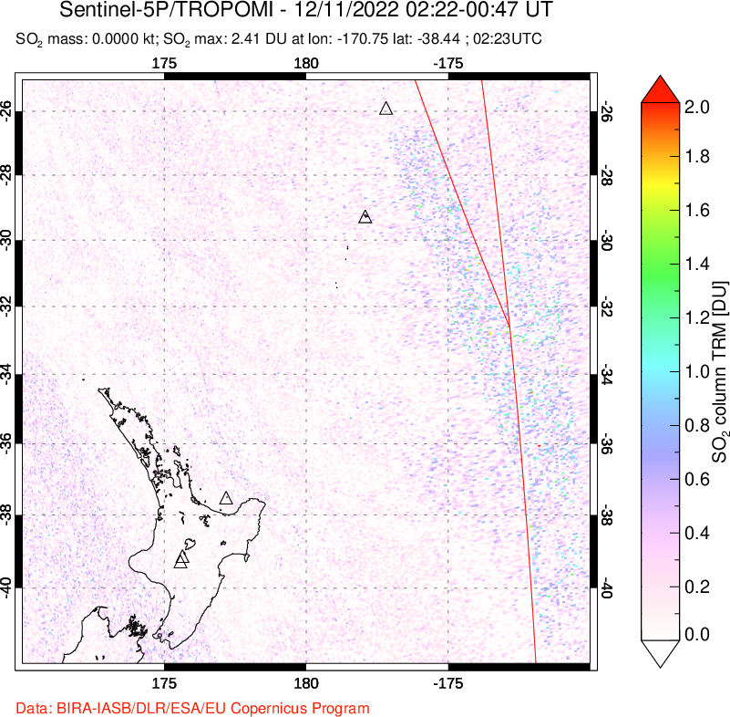 A sulfur dioxide image over New Zealand on Dec 11, 2022.