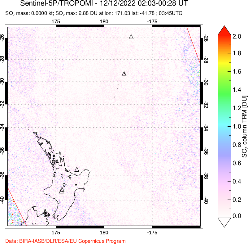 A sulfur dioxide image over New Zealand on Dec 12, 2022.