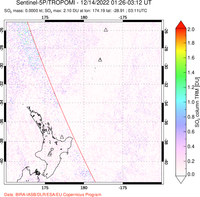 A sulfur dioxide image over New Zealand on Dec 14, 2022.