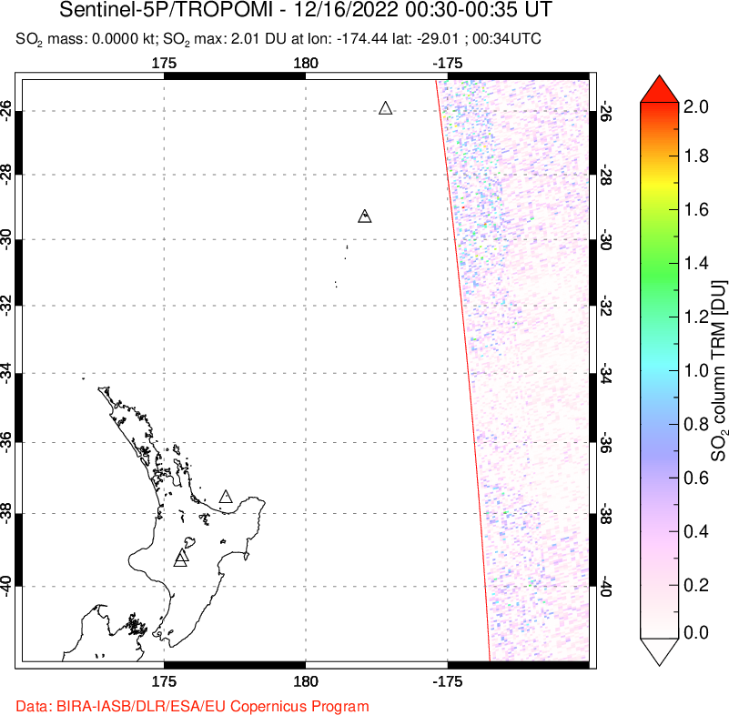 A sulfur dioxide image over New Zealand on Dec 16, 2022.