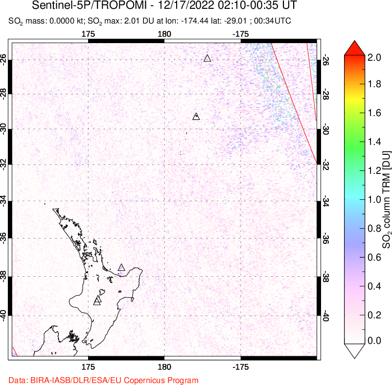 A sulfur dioxide image over New Zealand on Dec 17, 2022.