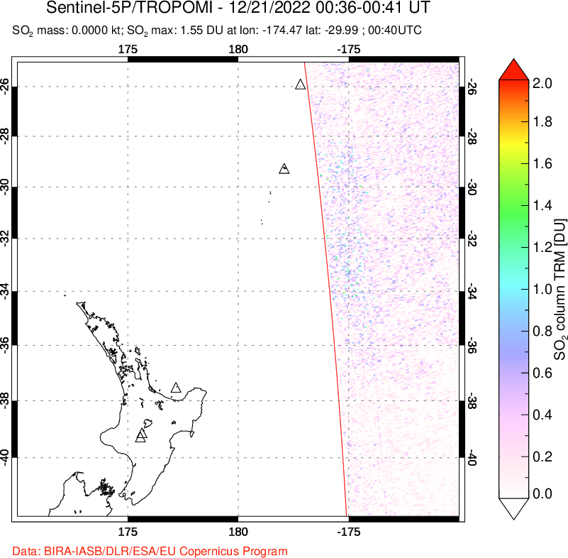 A sulfur dioxide image over New Zealand on Dec 21, 2022.