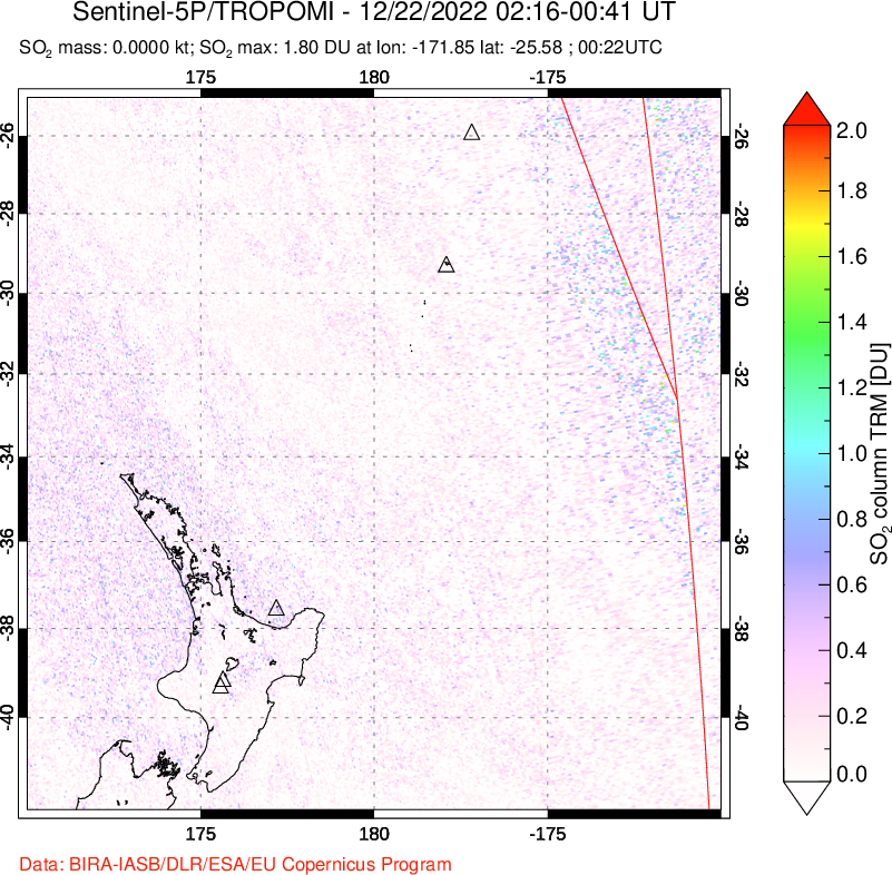 A sulfur dioxide image over New Zealand on Dec 22, 2022.