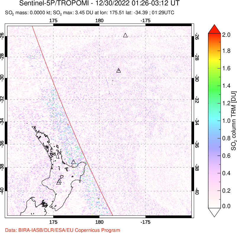 A sulfur dioxide image over New Zealand on Dec 30, 2022.