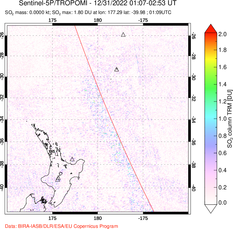 A sulfur dioxide image over New Zealand on Dec 31, 2022.