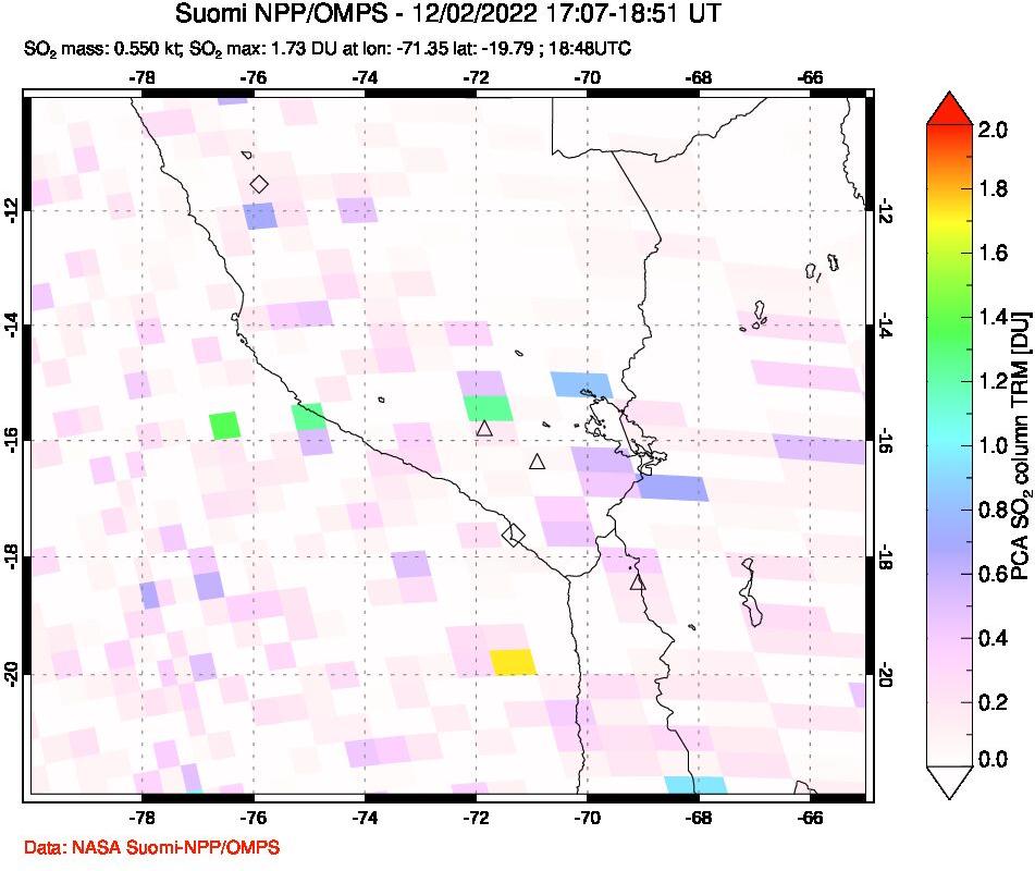 A sulfur dioxide image over Peru on Dec 02, 2022.
