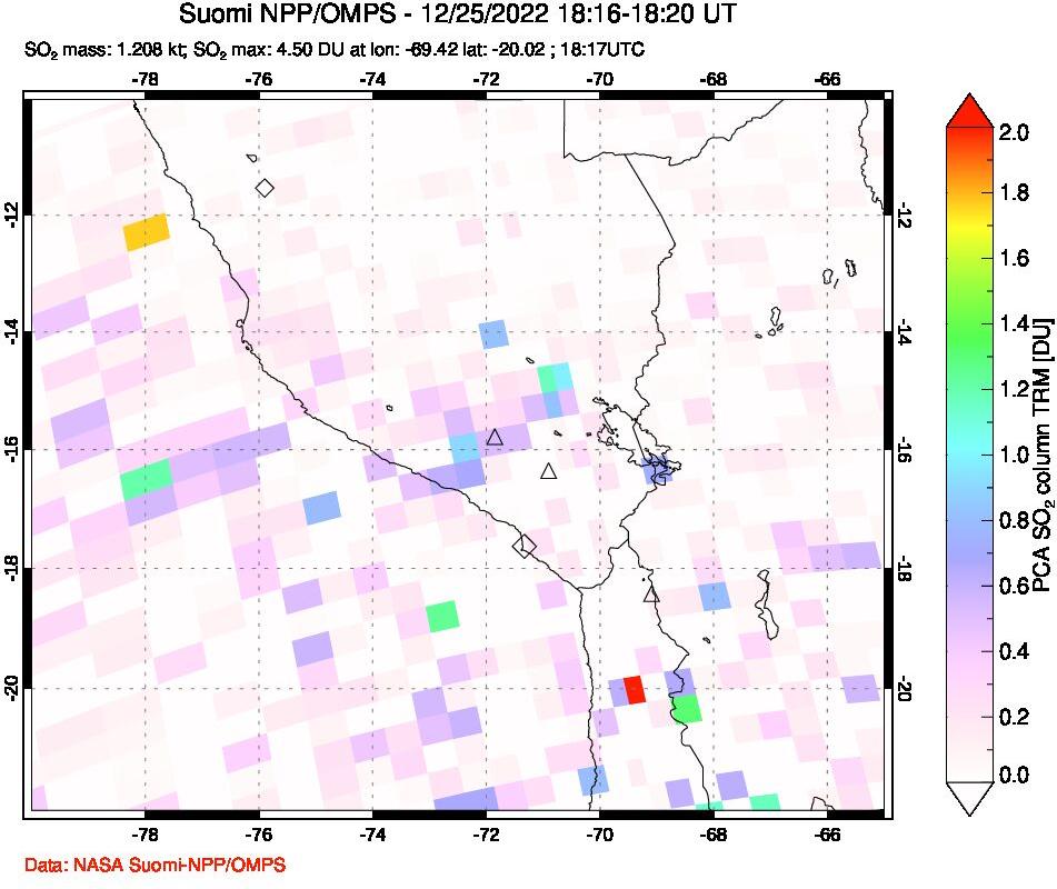 A sulfur dioxide image over Peru on Dec 25, 2022.
