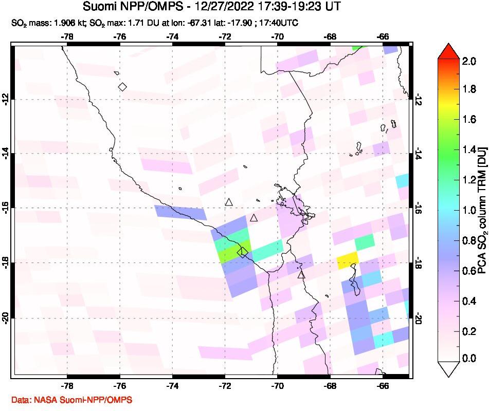 A sulfur dioxide image over Peru on Dec 27, 2022.