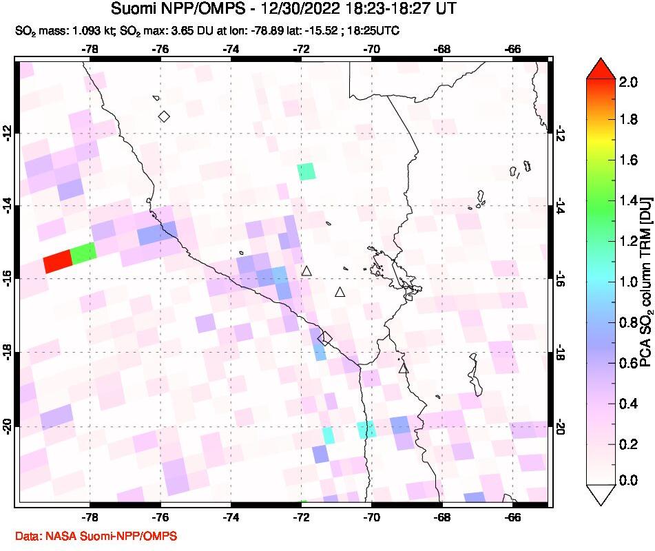 A sulfur dioxide image over Peru on Dec 30, 2022.