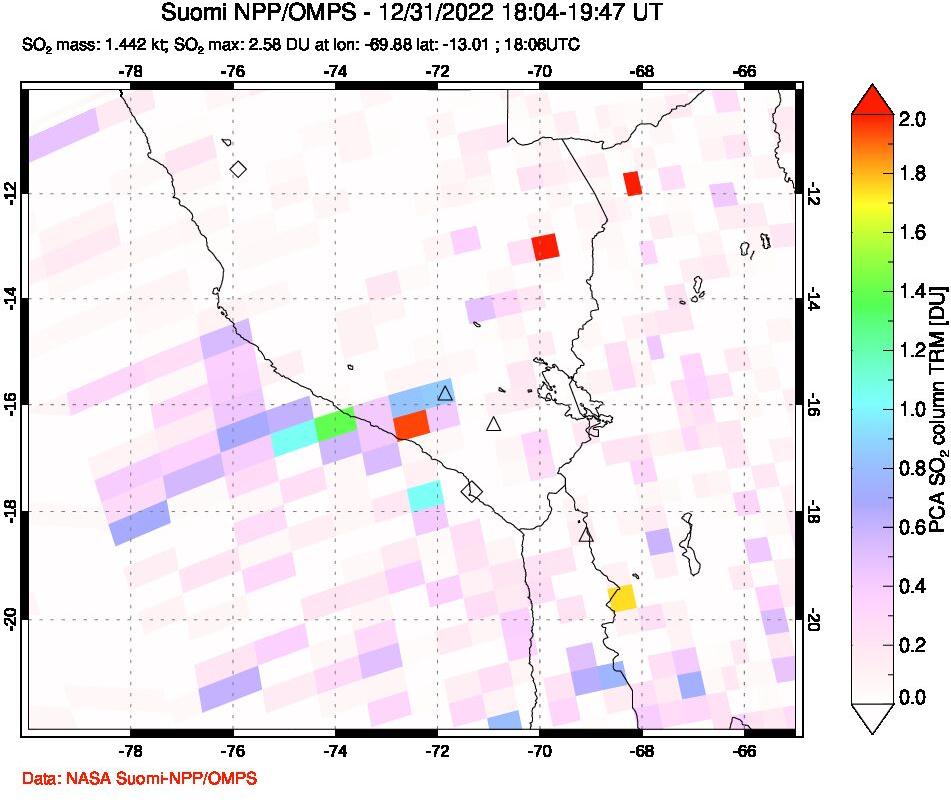 A sulfur dioxide image over Peru on Dec 31, 2022.