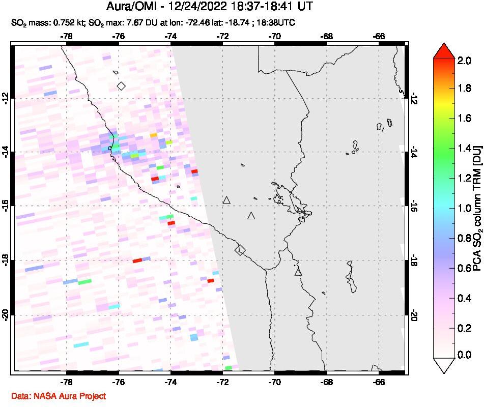 A sulfur dioxide image over Peru on Dec 24, 2022.