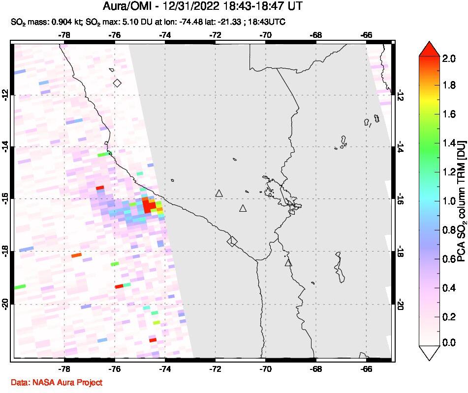 A sulfur dioxide image over Peru on Dec 31, 2022.