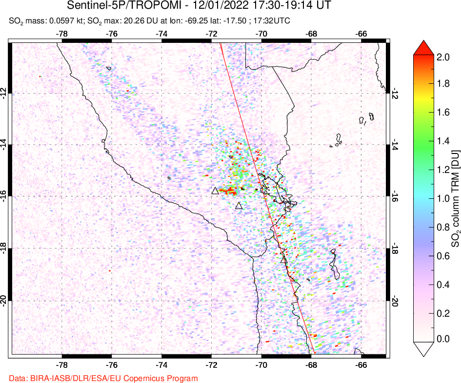 A sulfur dioxide image over Peru on Dec 01, 2022.