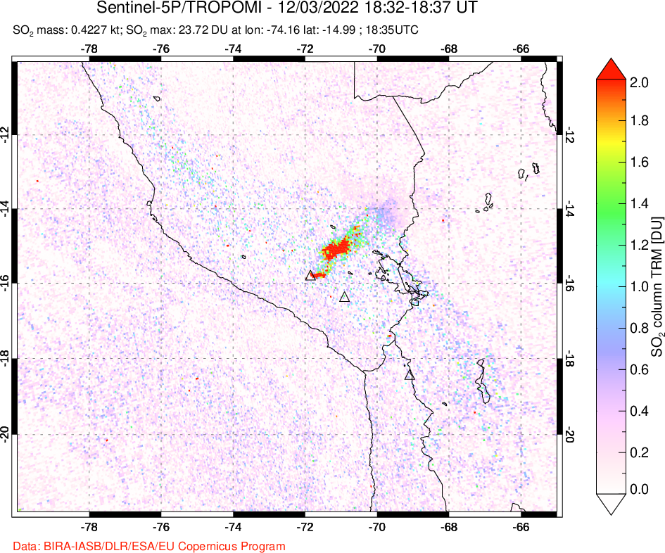 A sulfur dioxide image over Peru on Dec 03, 2022.