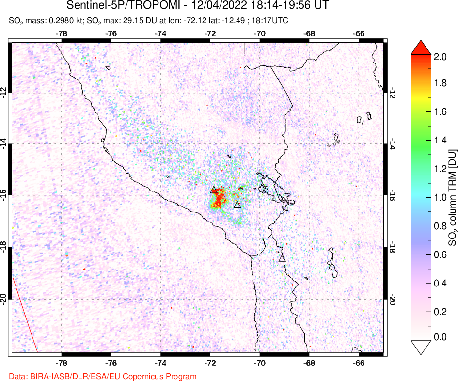 A sulfur dioxide image over Peru on Dec 04, 2022.