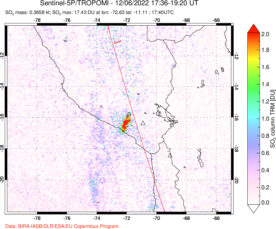 A sulfur dioxide image over Peru on Dec 06, 2022.