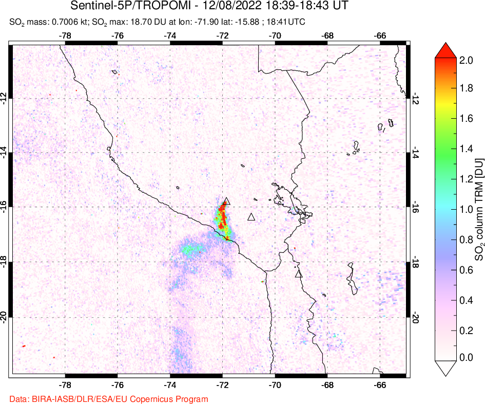 A sulfur dioxide image over Peru on Dec 08, 2022.