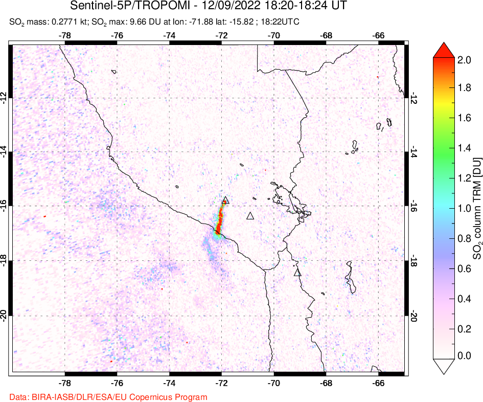 A sulfur dioxide image over Peru on Dec 09, 2022.