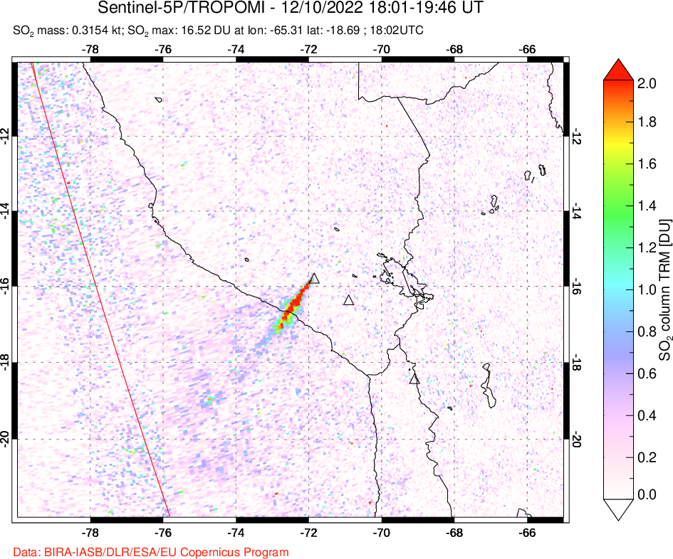 A sulfur dioxide image over Peru on Dec 10, 2022.