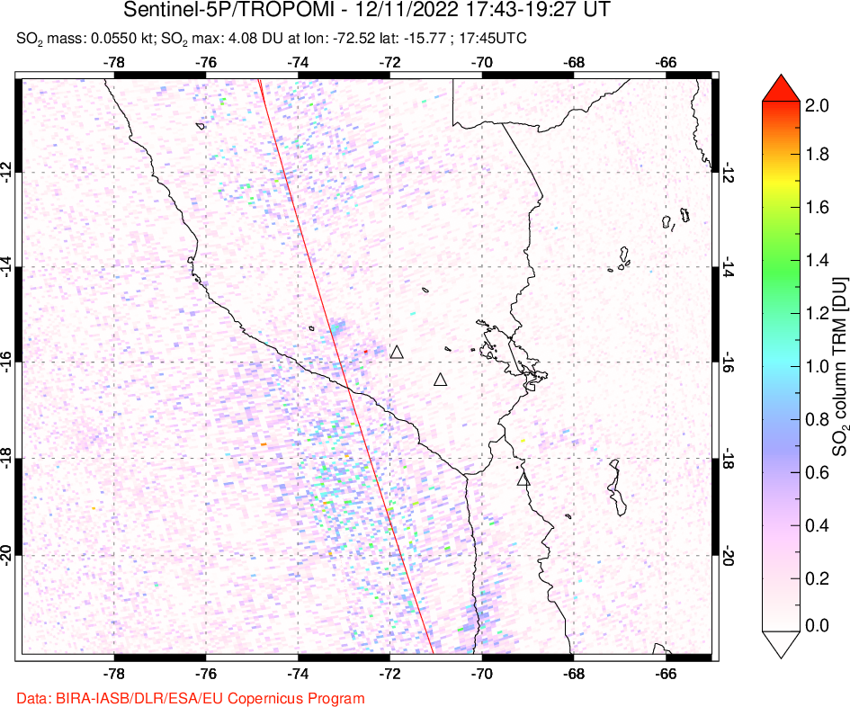 A sulfur dioxide image over Peru on Dec 11, 2022.