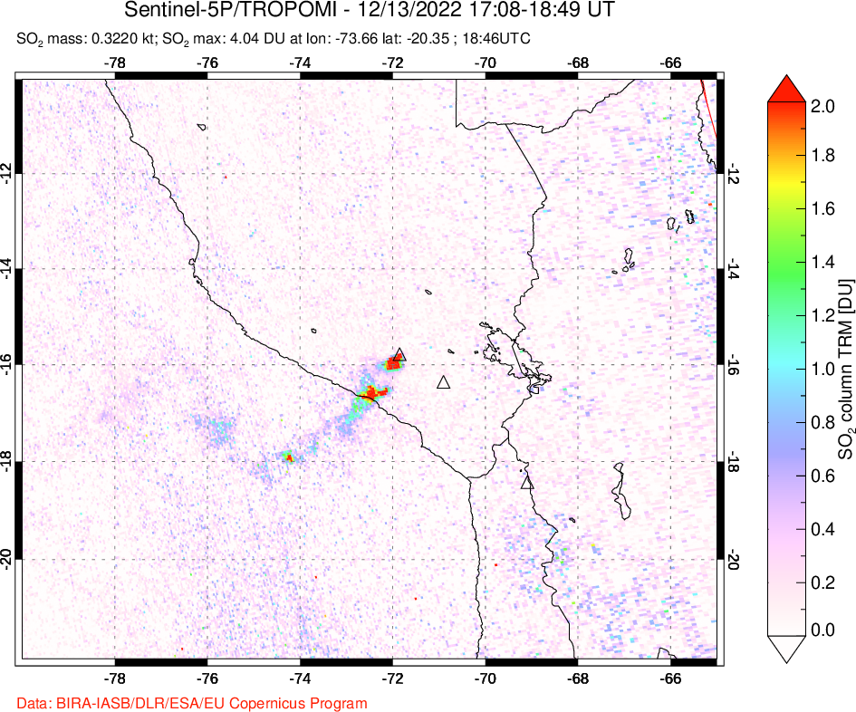 A sulfur dioxide image over Peru on Dec 13, 2022.