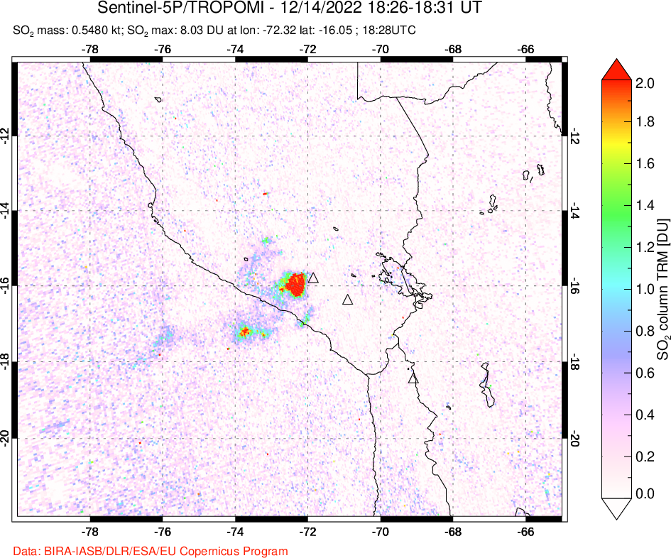 A sulfur dioxide image over Peru on Dec 14, 2022.
