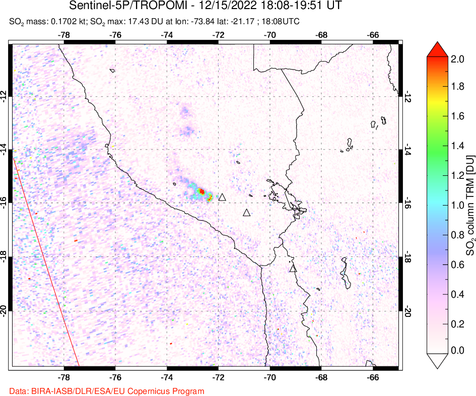 A sulfur dioxide image over Peru on Dec 15, 2022.